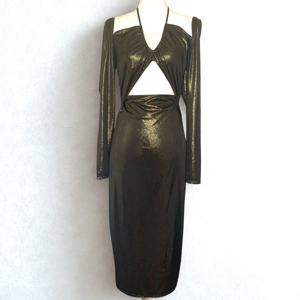 NSR Gold Metallic Cut Out‎ Midi Evening Dress Women Size Medium New With Tag